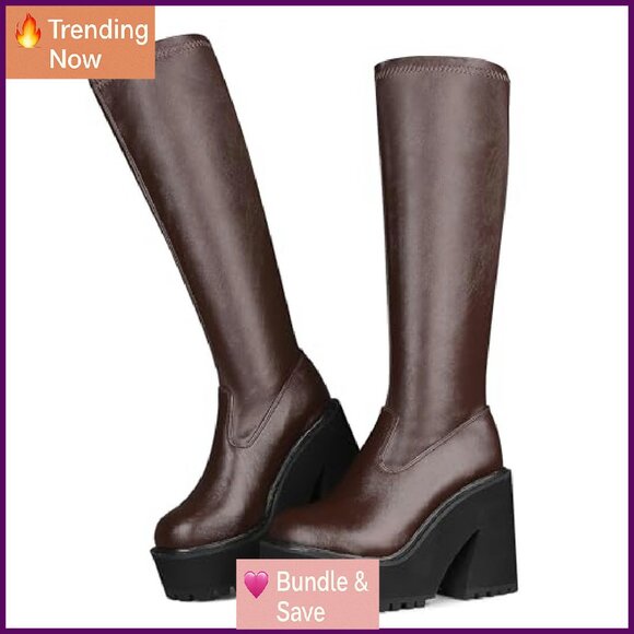 Knee High Platform Chunky Heel Combat Boots, Elastic Leather, Zipper & Lace - Picture 5 of 7